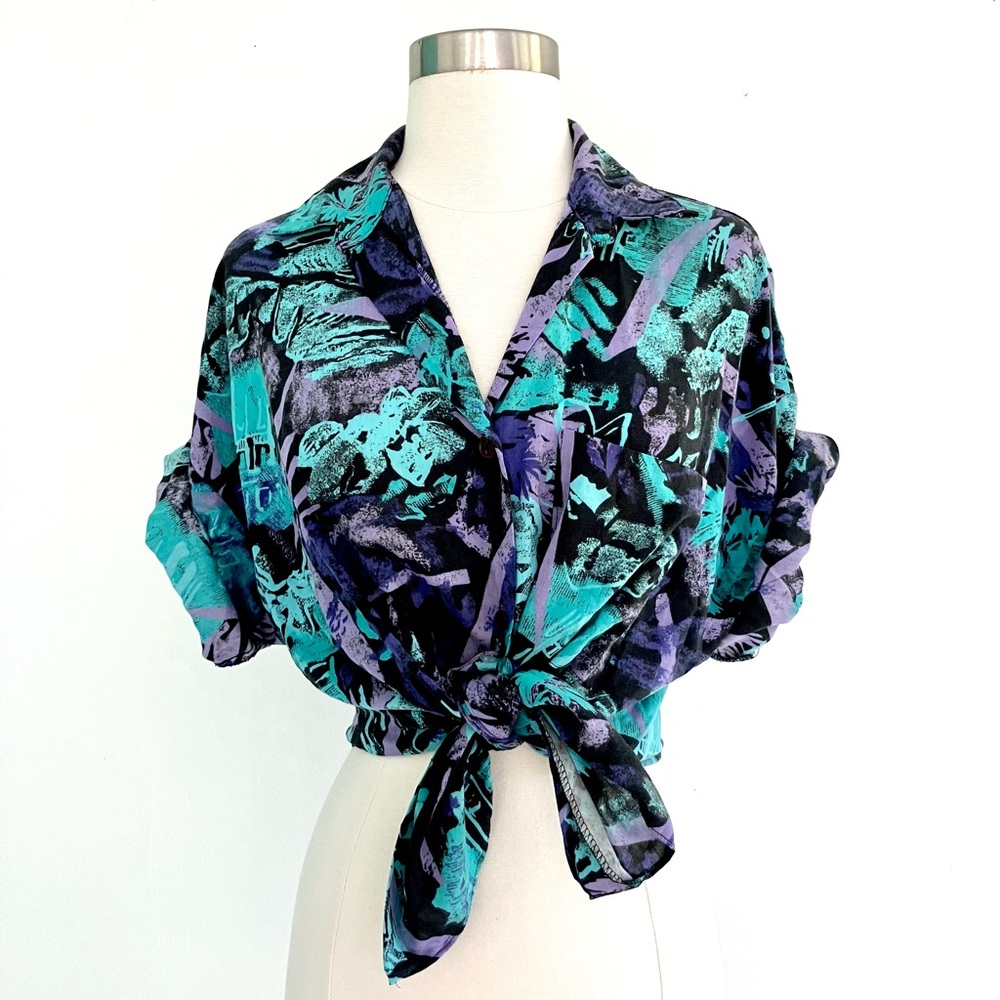 Vintage 80’s abstract blue purple & teal button down shirt top blouse